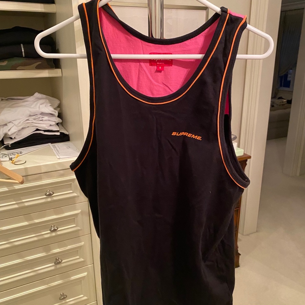 Supreme Black Tank Top with Pink Lining and Orange Trim